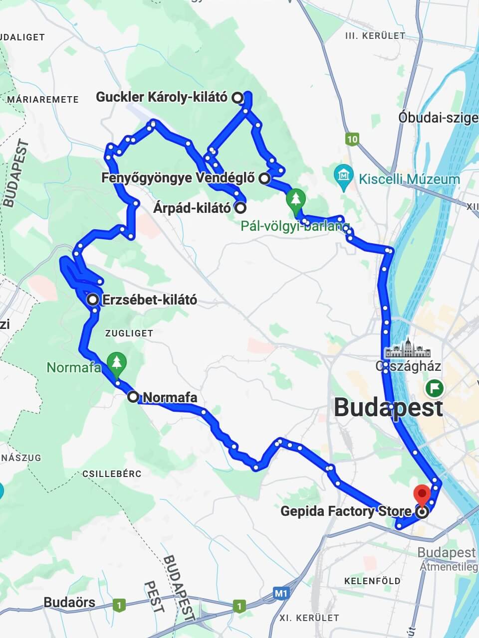 budai hegyek és kilátók e-bike túra útvonal - mobilos verzió